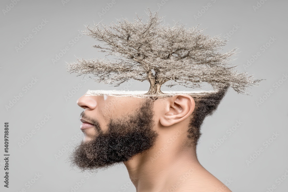 Poster Surreal portrait blending a man's profile with a tree landscape.