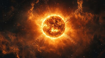 Obraz premium Sun radiating intense energy surrounded by cosmic clouds and stars in deep space