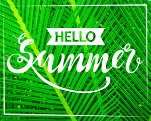 summer background with green leaves and a beautiful inscription hello summer. Vector illustration, banner, poster for your design