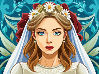vector of Full view of the bride, European style bridal makeup with a white dress