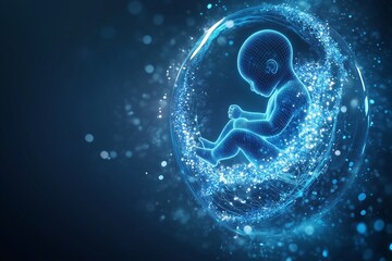 Wireframe fetus growing inside a protective energy ball, representing pregnancy and childbirth
