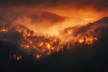 Naklejka premium Dramatic Mountain Landscape Aglow with Wildfire Flames and Smoke