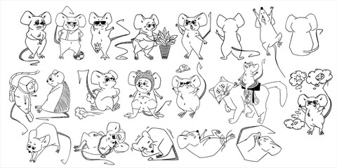 Set of cute cartoon mouse characters in various poses and costumes. Hand-drawn black and white line art illustration perfect for coloring books, educational materials, kids' games