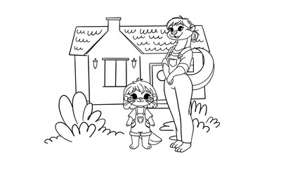 Vector black and white anti-stress coloring page featuring a charming house with a balcony, fence, and lush garden with blooming bushes. Includes an anthropomorphic otter character wearing a jumpsuit,