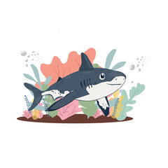 shark and fish  in the deep ocean with seaweeds,corals,vector illustration,cartoon character,flat nautical animal,pastel color illustration on white background