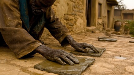 Elderly man shaping clay tiles, rural village, Africa, background houses, development projects