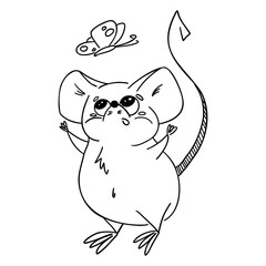 Cute chubby mouse curiously looking at a butterfly. Line art illustration perfect for children's books, coloring pages, or nature-themed designs. Light and whimsical style for storytelling and kids 