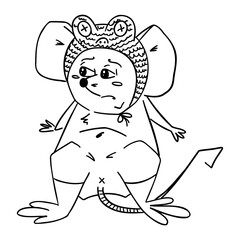 Cute cartoon mouse in a frog costume with a sad face expression. Black and white line art, perfect for kids, coloring pages, emotional characters, comics, and creative design projects.