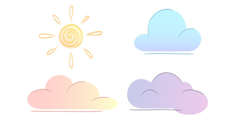 Pastel pattern set with cute clouds, raindrops and sunshine. The hand drawn style is perfect for baby products, nursery decor, baby textiles, wrapping paper and scrapbooking.