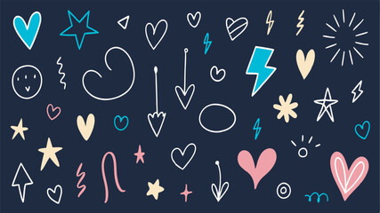 Line kid pencil color brush hand drawn chalk vector element set. Texture brush chalk stroke kid heart, star, arrow element hand drawn sketch scribble. Crayon pencil style. 