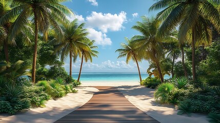 Relaxing palm tree oasis with blue sky high resolution wallpaper