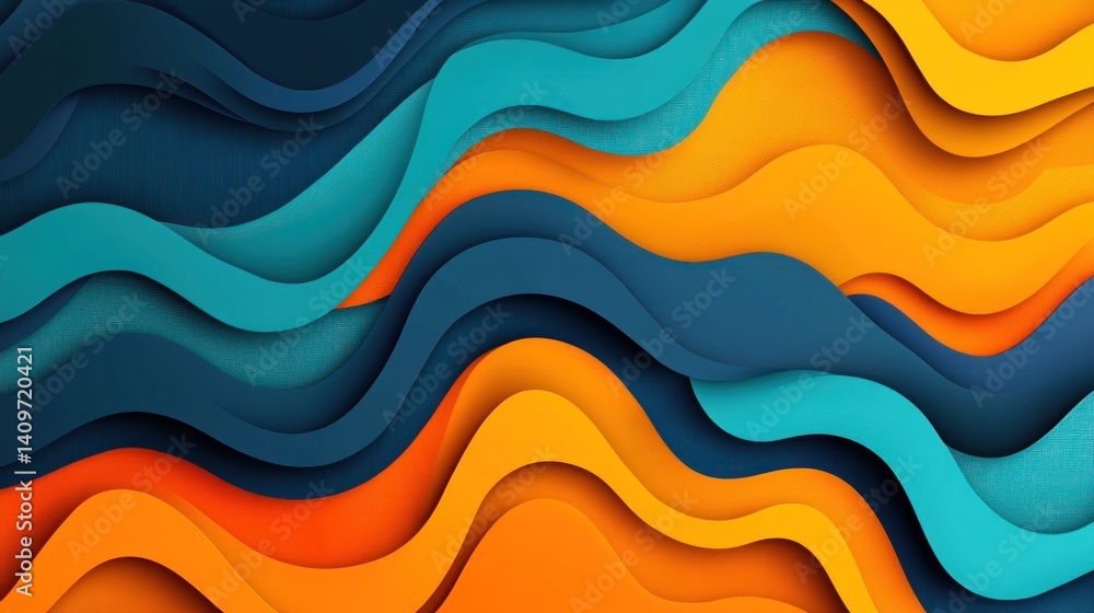 Poster dynamic interplay of color layers creating an oceanic swell effect with overlapping teal, orange, bl