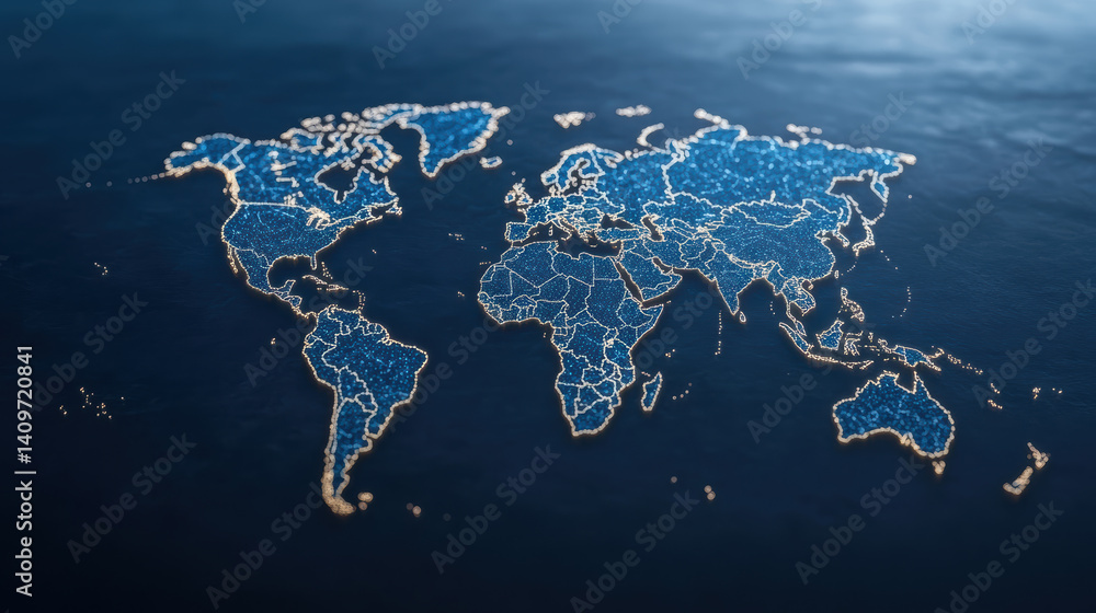 Poster glowing world map representation showcasing global connections and interdependence