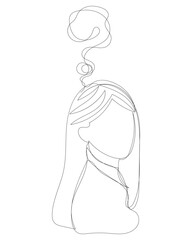 Cute continuous line sketch character woman question mark decoration line art female girl idea question mark quiz questionnaire choose continuous line hand drawn vector.