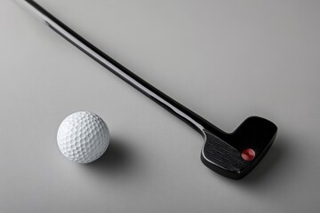 Sleek black putter and golf ball on grey background