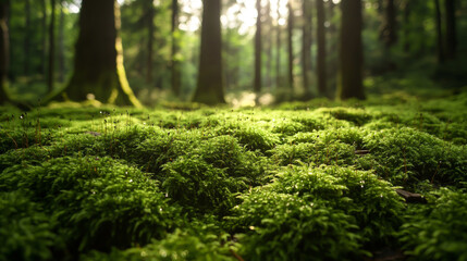 A dense, lush carpet of vibrant green sheet moss (Hypnum) covering a forest floor, with soft, velvety textures, dappled sunlight filtering through tall trees, and tiny dewdrops
