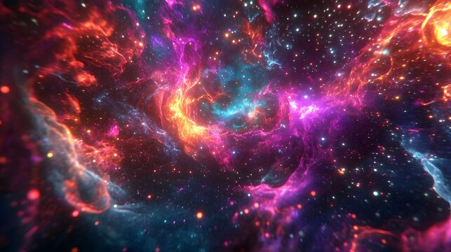 Cosmic Symphony: A breathtaking view of space features vivid nebulae of glowing colors swirling in a majestic dance, illuminating the universe.