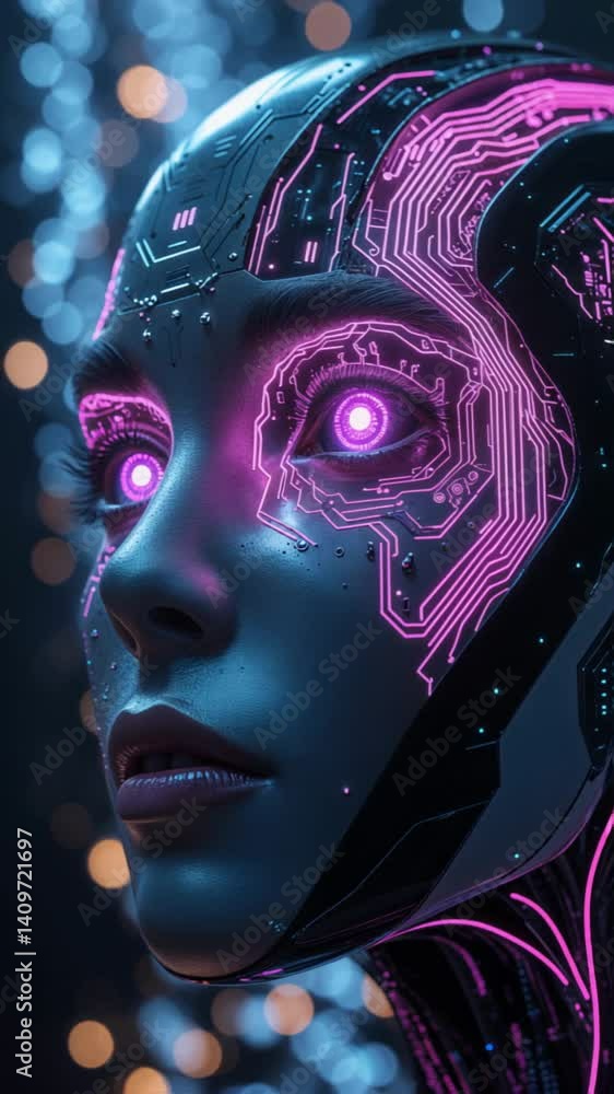 Poster close-up of a futuristic humanoid robot featuring glowing pink circuits and intricate cybernetic det