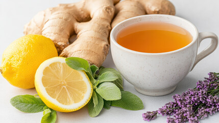 soothing cup of ginger tea with lemon, surrounded by fresh ginger, lemon slices, and herbs