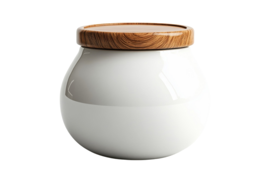 Elegant white ceramic jar with a natural wood lid perfect for storage or on transparent background