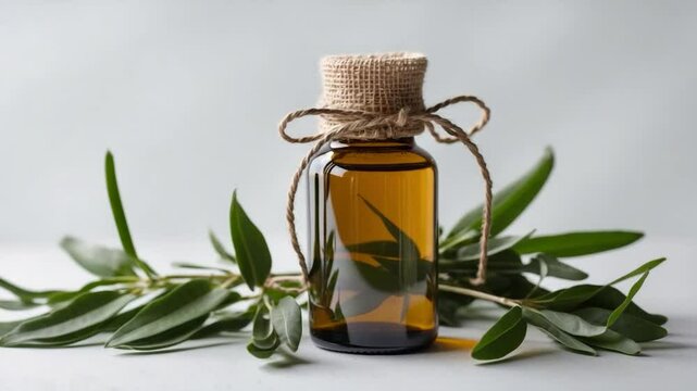Melaleuca Essential Oil in a Container. Set against a White Background, showcasing a Tea Tree Branch.