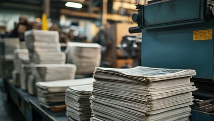 Stacks of printed newspapers in industrial printing facility
