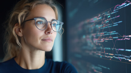 Focused woman analyzing data on screen, showcasing her thoughtful expression and engagement
