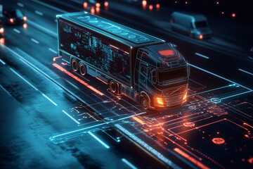 Fototapeta premium Holographic interface showing live tracking of AI transport, dark UI theme 