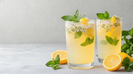 Fototapeta premium Refreshing elderflower spritzer with lemon and mint garnishes