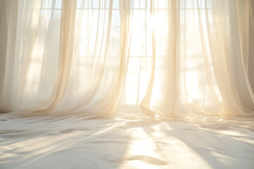 Sunlit bedroom serene morning light through sheer curtains peaceful atmosphere