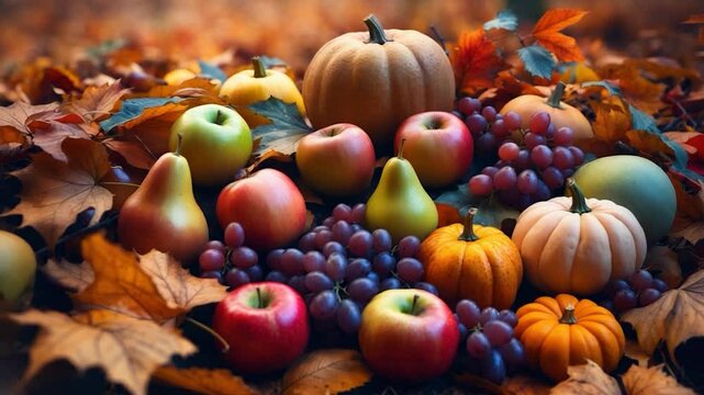 Fallen leaves in the background with autumn fruits and pumpkins from above.