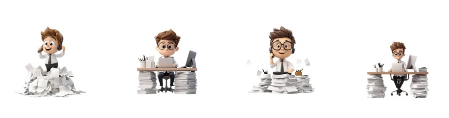 Cartoon characters sitting at desks with computers and piles of paper