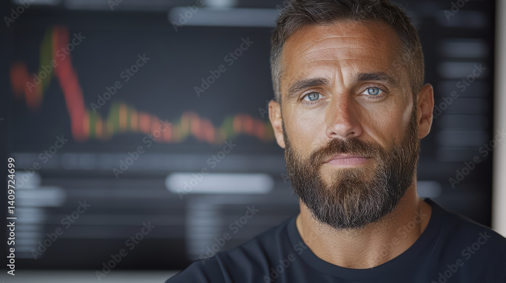 Poster professional trader analyzing market trends with focused expression