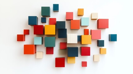 Colorful geometric shapes arranged on a white background