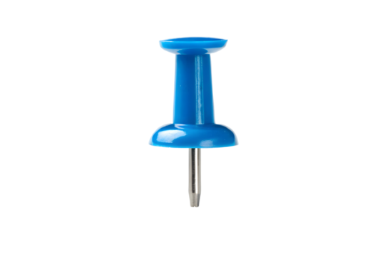 Single Blue Push Pin with Silver Edge Isolated on White Background.