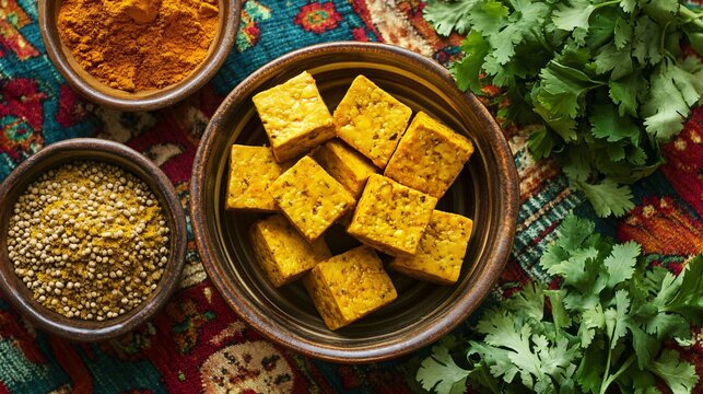 Indian masala tofu surrounded by turmeric, coriander, and cumin on vibrant textile