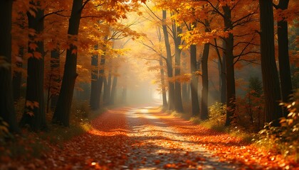 Autumn Pathway in a Sunlit Forest