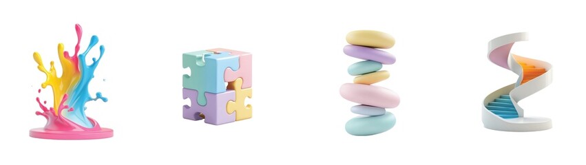 Vibrant paint splash, multicolor puzzle, pastel stone stack, spiral staircase sculpture