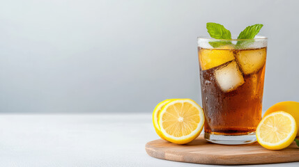 Fototapeta premium Refreshing iced tea with lemon slices and mint leaves