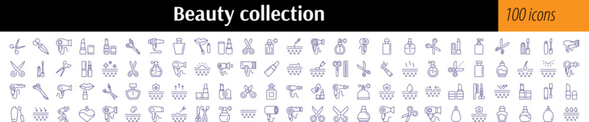 Beauty Line Icon Collection. Skin Care, Scissors, Hair Dryer, Lipstick, Perfume Outline Signs for Graphic and Web Design, Apps, Adverts, Various Cards
