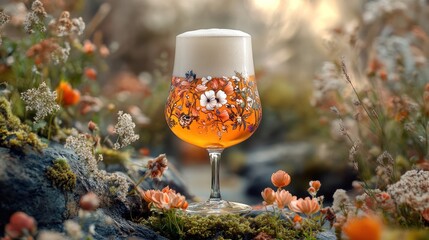 Floral beer glass, autumnal meadow, sunset, craft beverage, advertising