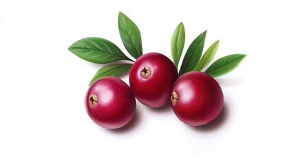 Fresh Red Fruits with Green Leaves on White Background
