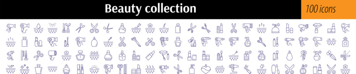Beauty Line Icon Bundle. Skin Care, Scissors, Hair Dryer, Lipstick, Perfume Outline Signs for Graphic and Web Design, Apps, Adverts, Various Cards