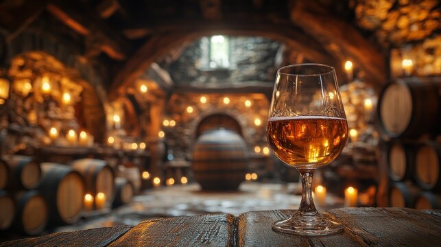 Amber beer in a glass, cellar ambience