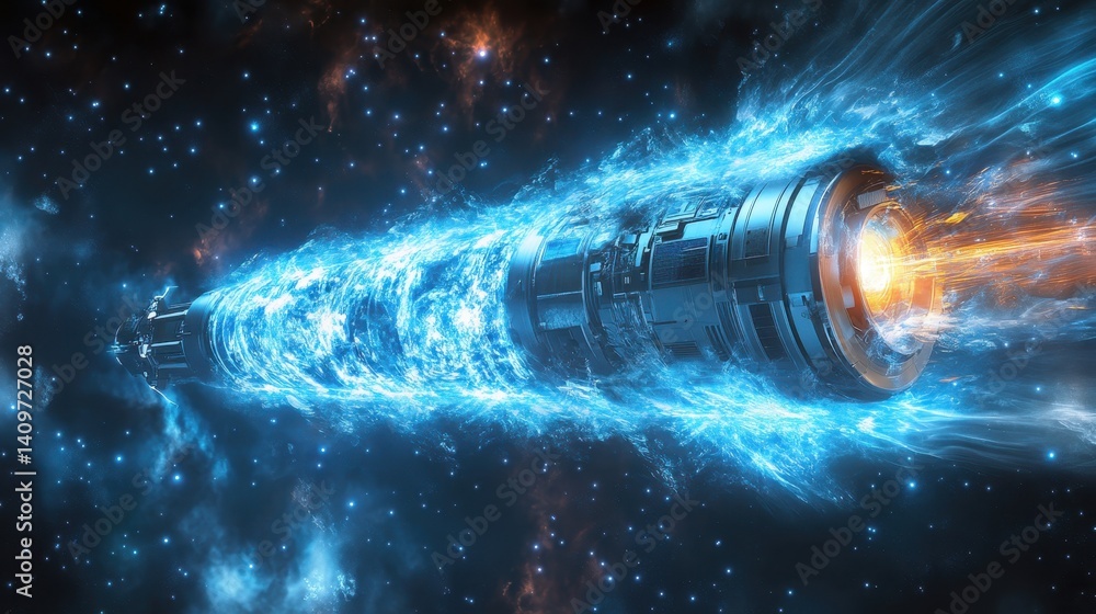 Poster spacecraft traveling through a cosmic nebula with vibrant energy streams at an unknown time in deep 