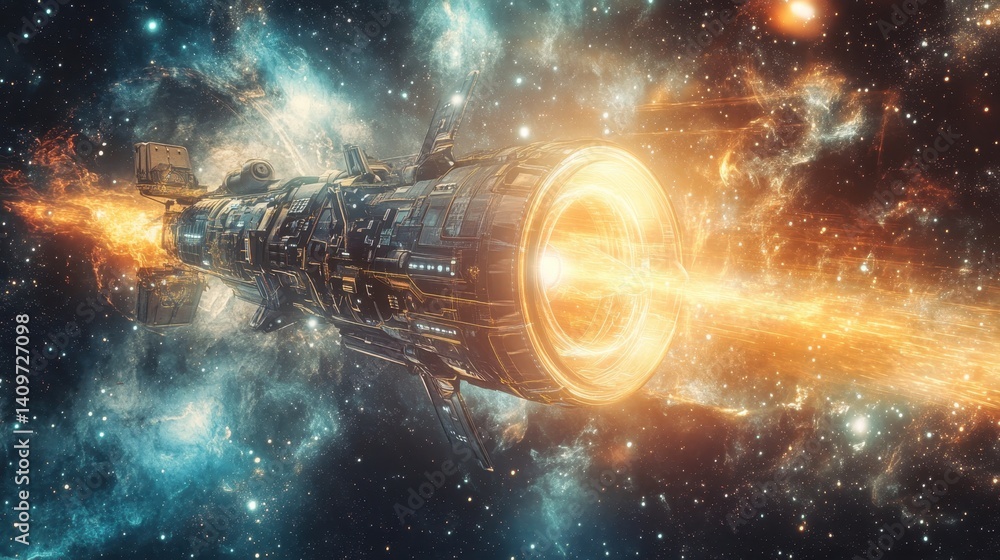 Poster spacecraft traveling through a cosmic nebula with vibrant energy streams at an unknown time in deep 