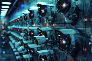 Fototapeta premium Rows of security cameras on a wall, representing modern technology, surveillance, and data collection