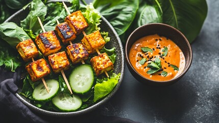 Thai tofu satay with peanut sauce, cucumber salad, and skewers on tropical leaf