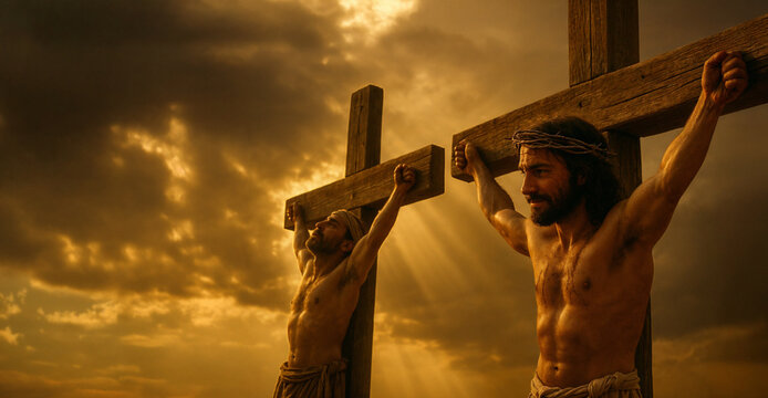 Biblical depiction of Jesus crucified alongside the good thief who repented before his death. Truly I tell you, today you will be with me in paradise