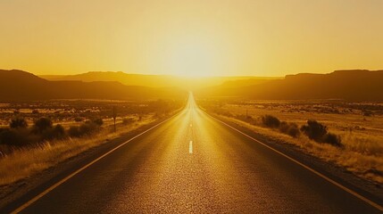 Fototapeta premium Golden Hour Road Trip: A Journey Towards the Sunset